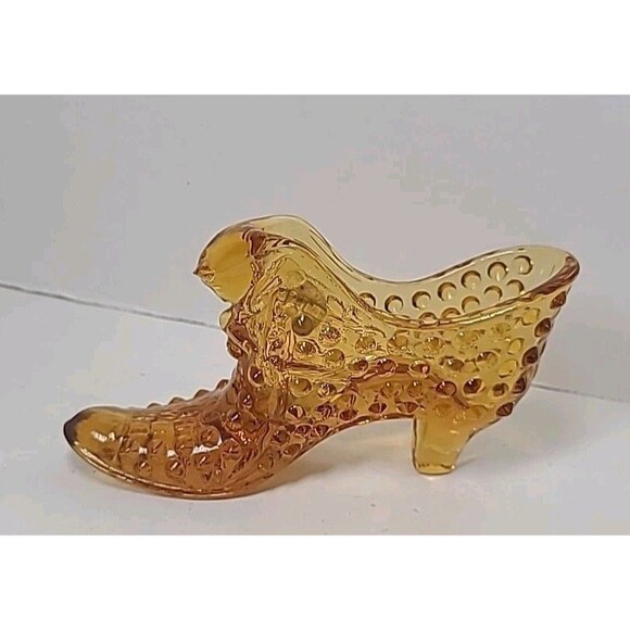 Amber Cat Head Hobnail Shoe Slipper Vintage Fenton Art Glass - Picture 2 of 5